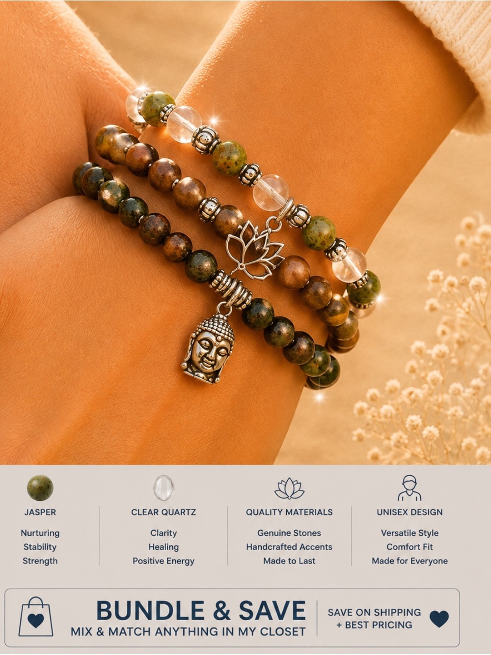 Jasper, Lava, Quartz Genuine Stone Unisex Stretch Bracelet